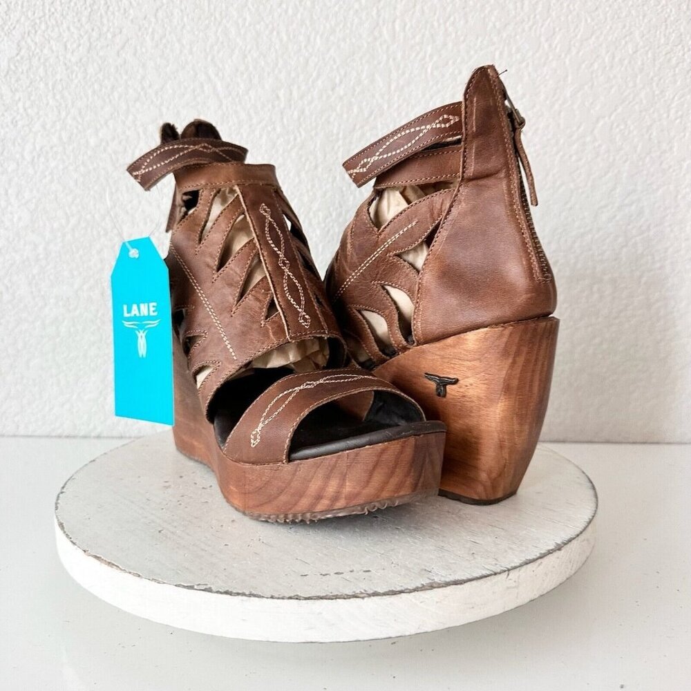 Lane Boots BECCA Womens Brown Wedges Sz 10 Western Style Sandals Cowgirl 4" Heel
